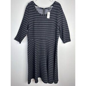 LANE BRYANT BLACK WHITE STRIPED 3/4 SLEEVE FIT & FLARE SCOOP NECK DRESS‎ 18/20